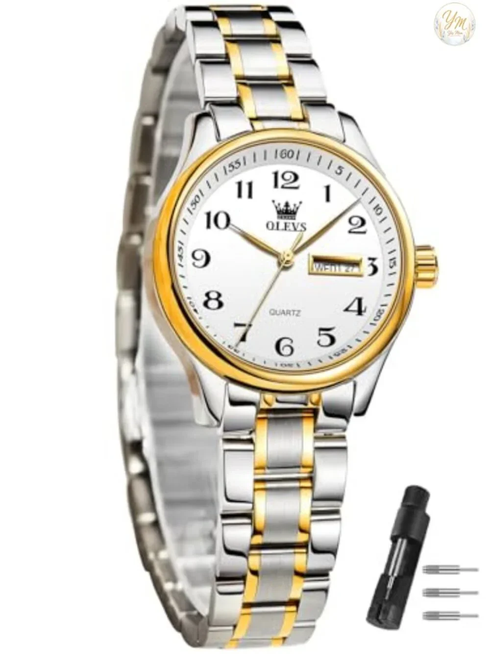 Women's Quartz Wrist Watch with Date and Day Display Stainless Steel Bracelet